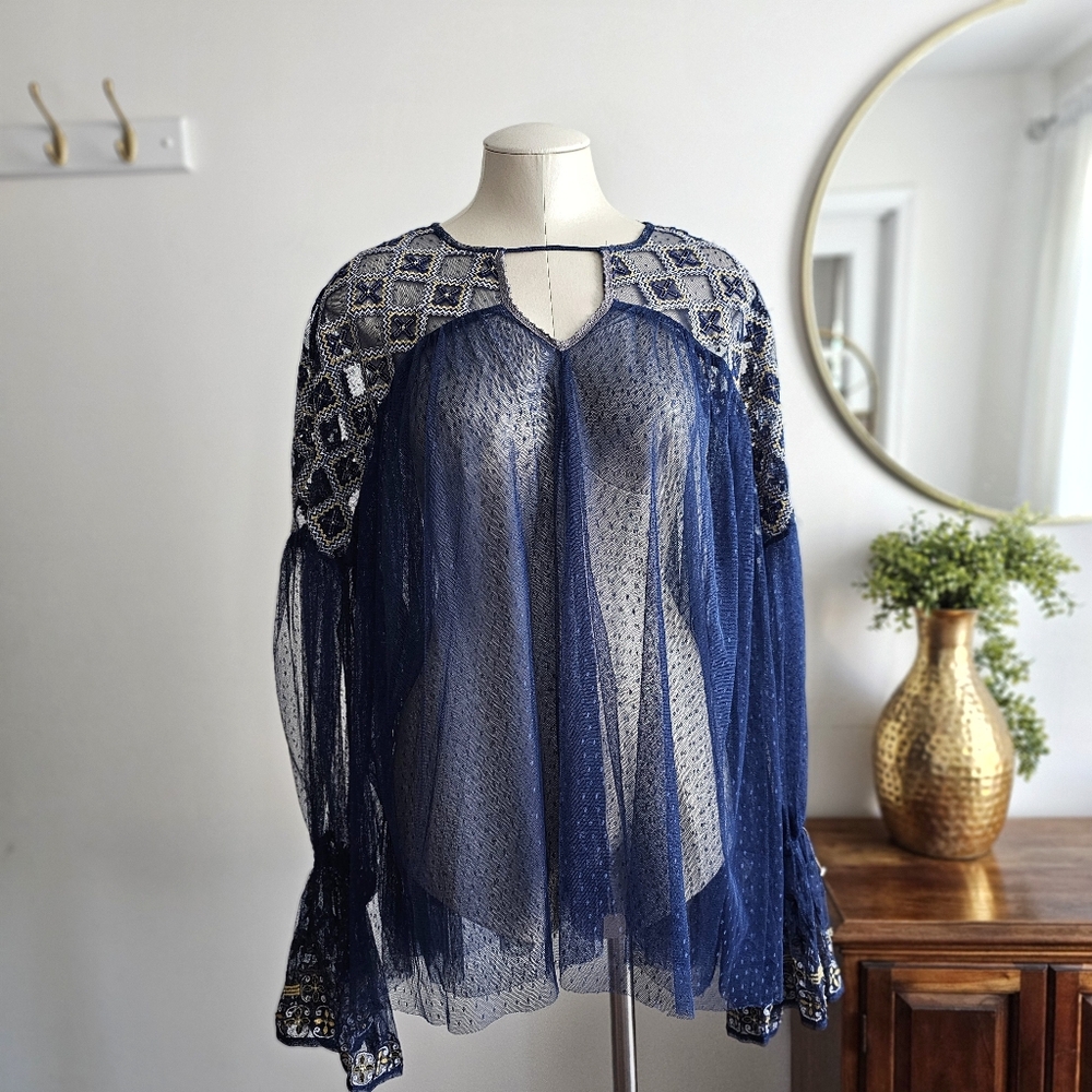 NWT FREE PEOPLE Joyride Navy Blue Embroidered Mesh Sheer Boho Top Size Medium